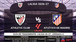 Athletic Club vs Atlético de Madrid: horarios y guía de TV del partido de LaLiga 26-27
